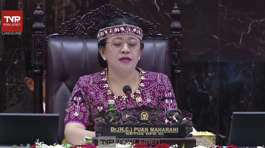 Ketua Dewan Perwakilan Rakyat (DPR RI) Puan Maharani di Sidang Tahunan MPR RI, Kamis (16/8/2023). (Tangkapan layar Youtube DPR RI)