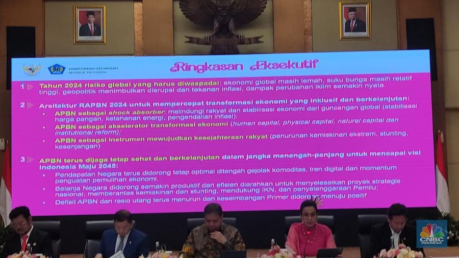 Konferensi Pers Nota Keuangan dan Rancangan Anggaran Pendapatan dan Belanja Negara (RAPBN) 2024. (CNBC indonesia/Romys Binekasri)