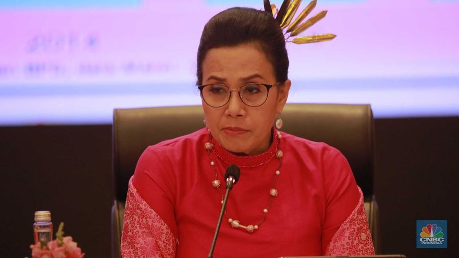Menteri Keuangan Sri Mulyani saat menghadiri Konferensi Pers Nota Keuangan dan Rancangan Anggaran Pendapatan dan Belanja Negara (RAPBN) 2024. (CNBC indonesia/Muhammad Sabki)