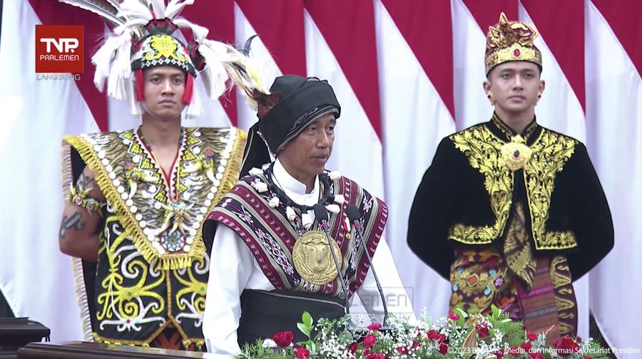 Pidato kenegaraan Presiden RI Joko Widodo (Jokowi) saat sidang tahunan MPR, DPR dan DPD RI, Jakarta, Rabu (16/8/2023). (Tangkapan layar Youtube Setpres RI)