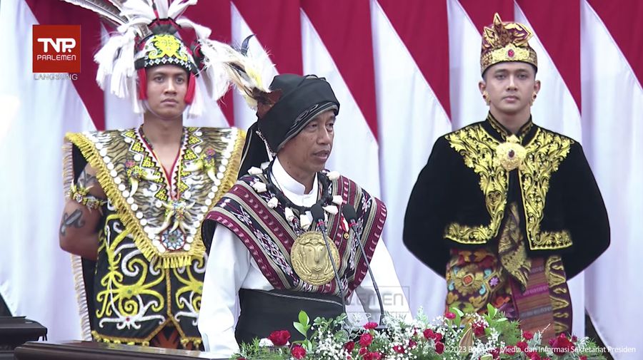 Pidato kenegaraan Presiden RI Joko Widodo (Jokowi) saat sidang tahunan MPR, DPR dan DPD RI, Jakarta, Rabu (16/8/2023). (Tangkapan layar Youtube Setpres RI)
