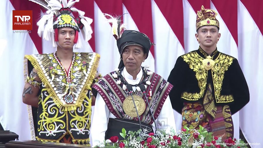 Pidato kenegaraan Presiden RI Joko Widodo (Jokowi) saat sidang tahunan MPR, DPR dan DPD RI, Jakarta, Rabu (16/8/2023). (Tangkapan layar Youtube Setpres RI)