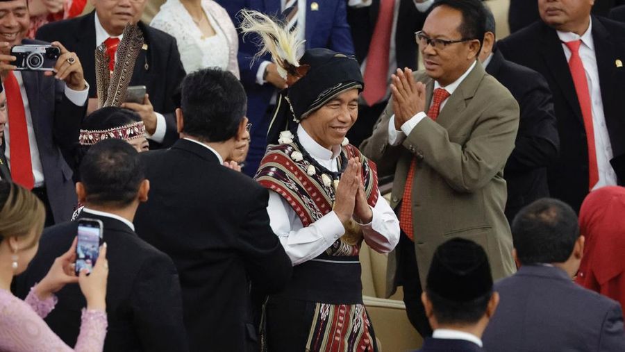 Pidato kenegaraan Presiden RI saat sidang tahunan MPR, DPR, DPD RI, Jakarta, Rabu (16/8/2023). (Willy Kurniawan/Pool Photo via AP)