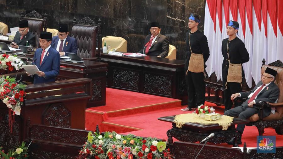 Pidato Presiden RI Joko Widodo tentang RAPBN Tahun Anggaran 2024 beserta nota keuangannya. (CNBC Indonesia/Muhammad Sabki)