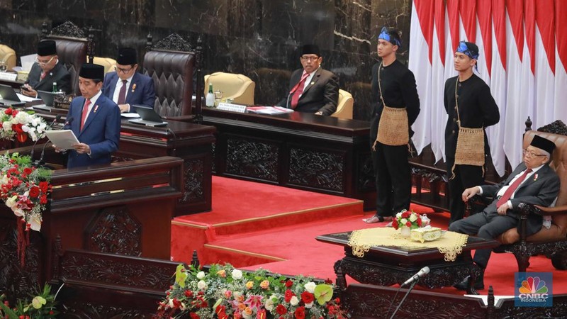 Pidato Presiden RI Joko Widodo tentang RAPBN Tahun Anggaran 2024 beserta nota keuangannya. (CNBC Indonesia/Muhammad Sabki)