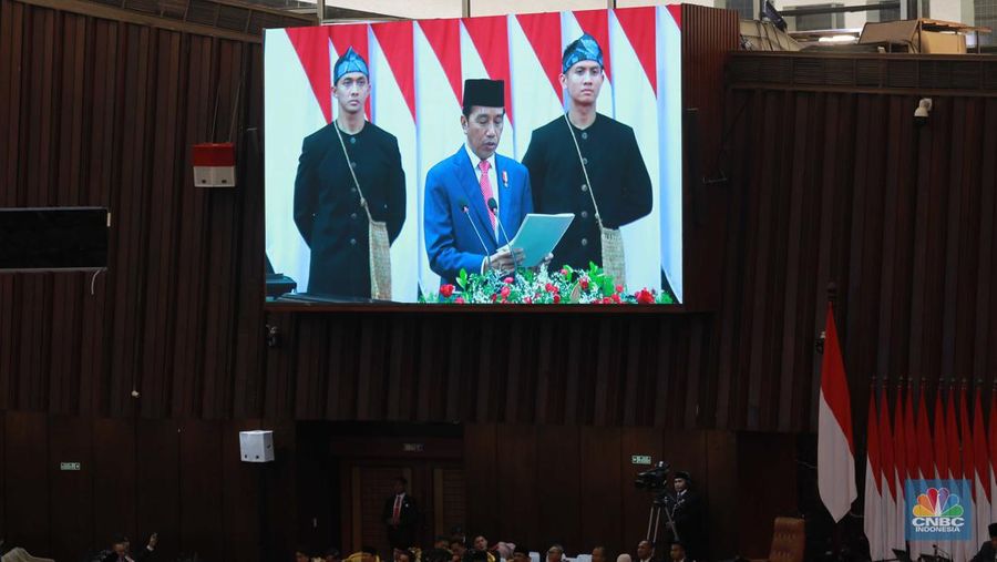 Pidato Presiden RI Joko Widodo tentang RAPBN Tahun Anggaran 2024 beserta nota keuangannya. (CNBC Indonesia/Muhammad Sabki)