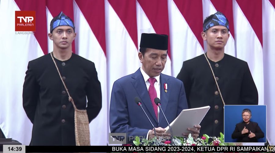 Pidato Presiden RI Joko Widodo tentang RAPBN Tahun Anggaran 2024 beserta nota keuangannya. (Tangkapan Layar Youtube DPR RI)
