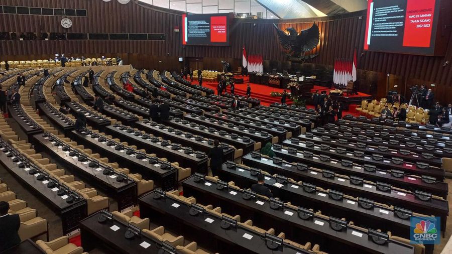 Suasana sidang tahunan MPR RI tahun 2023 di Gedung DPR RI, Jakarta, Rabu (16/8/2023). (CNBC Indonesia/Muhammad Sabki)