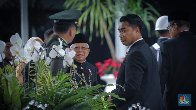 Wakil Presiden Ma'ruf Amin tiba di Kompleks DPR/MPR RI jelang sidang tahunan 2023. (CNBC Indonesia/Faisal Rahman)