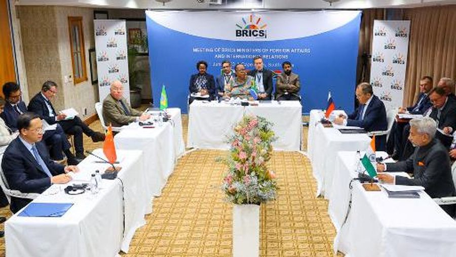 Ma Zhaoxu, deputy Minister of Foreign Affairs of China, Mauro Viera, Minister of Foreign Affairs of Brazil, Naledi Pandor, South African Minister of International Relations and Cooperation, Sergei Lavrov, Minister of Foreign Affairs of Russia, and Subrahmanyam Jaishanker, Minister of Foreign Affairs of India, hold the BRICS (Brazil, Russia, India, China, South Africa) Foreign Ministers Meeting on June 01, 2023, in Cape Town. Foreign ministers from BRICS -- a five-nations bloc including Brazil, Russia, India, China and South Africa -- were meeting in Cape Town on Thursday. The talks came ahead of a heads of state summit in August, which is proving problematic for the host, South Africa, due to the possible attendance of Russian President Vladimir Putin, who is the target of an International Criminal Court (ICC) arrest warrant, stemming from Russias invasion of Ukraine. (Photo by Handout / RUSSIAN FOREIGN MINISTRY / AFP) / RESTRICTED TO EDITORIAL USE - MANDATORY CREDIT 