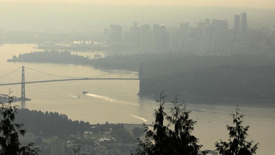 Suasana pusat kota yang diselimuti kabut asap kebakaran hutan, di Stanley Park di Vancouver, British Columbia, Kanada, Senin (21/8/2023). (REUTERS/Chris Helgren)