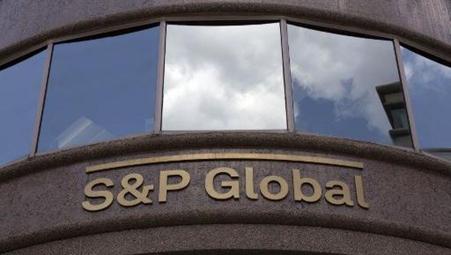 The S&P Global logo is seen outside a building in Washington, DC, on July 25, 2019. (Photo by Alastair Pike / AFP)