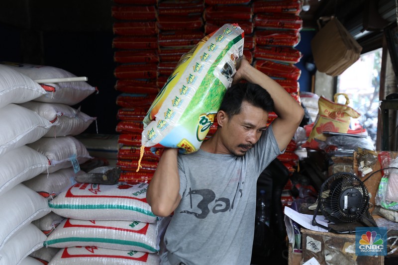 Penjual melayani pembeli beras di pasar Pal Merah, Jakarta, Rabu (23/8/2023). Harga beras terpantau naik hari ini dan kembali cetak rekor tertinggi. Penjual melayani pembeli beras di pasar Pal Merah, Jakarta, Rabu (23/8/2023). Harga beras terpantau naik hari ini dan kembali cetak rekor tertinggi. (CNBC Indonesia/Tri Susilo)