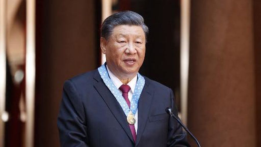 President of China Xi Jinping delivers opening remarks from their meeting with South African President Cyril Ramaphosa (unseen) after being bestowed with the Order of South Africa at the Union Buildings in Pretoria on August 22, 2023. (Photo by PHILL MAGAKOE / AFP)