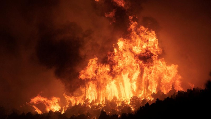 Petugas pemadam kebakaran melihat api yang berkobar di Gunung Parnitha, di Athena, Yunani, 24 Agustus 2023. (REUTERS/Nicolas Economou)