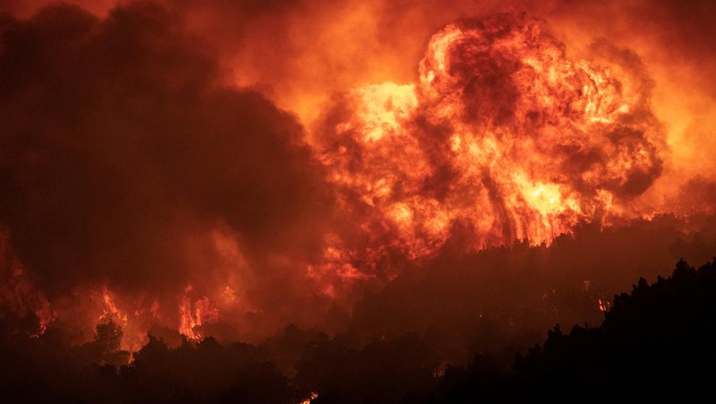 Petugas pemadam kebakaran melihat api yang berkobar di Gunung Parnitha, di Athena, Yunani, 24 Agustus 2023. (REUTERS/Nicolas Economou)
