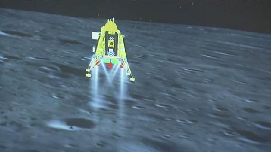 This handout screen grab taken and received from the live feed of Indian Space Research Organisation (ISRO) website on August 23, 2023, shows the Chandrayaan-3 spacecraft seconds before its successful lunar landing on the south pole of the Moon. India on August 23, became the first nation to land a craft near the Moon's south pole, with Prime Minister Narendra Modi calling it a