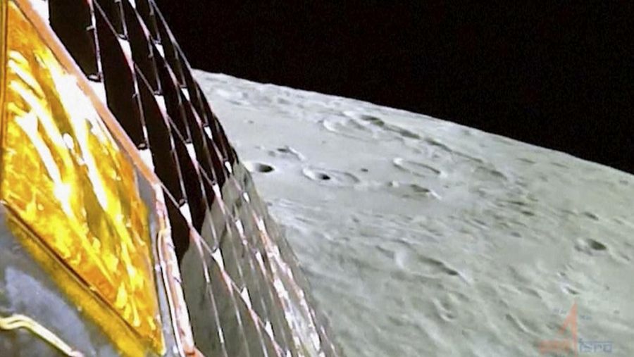 This image from video provided by the Indian Space Research Organisation shows the surface of the moon as the Chandrayaan-3 spacecraft prepares for landing on Wednesday, Aug. 23, 2023. India became the first country to land a spacecraft near the moon’s south pole, which scientists believe could hold vital reserves of frozen water. (ISRO via AP)