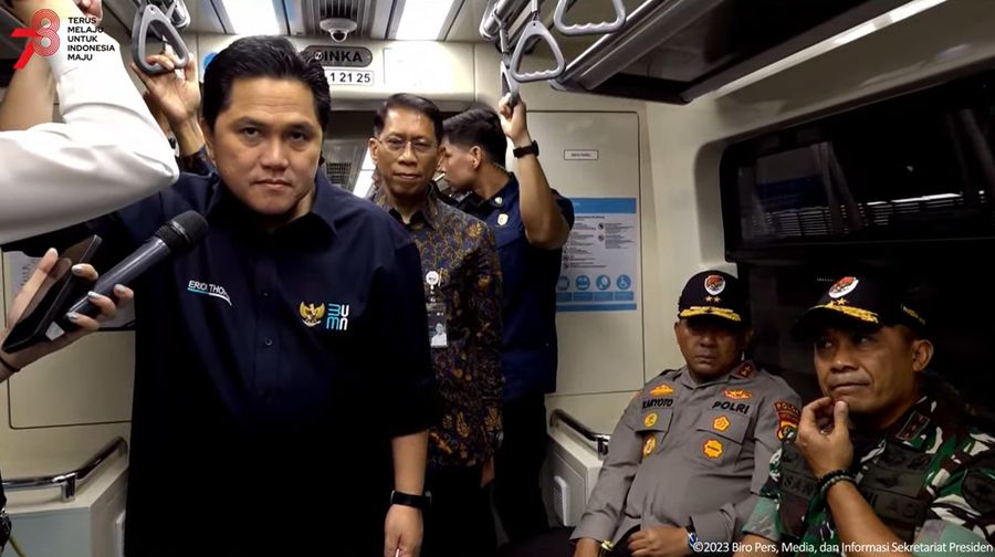 Menteri BUMN Erick Thohir di peresmian LRT Terintegrasi Jabodebek, 28/8/2023 (Tangkapan Layar Youtube)