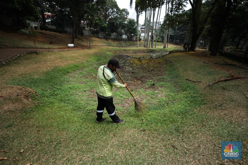 Seorang pekerja membersihkan kolam yang kering di kawasan Taman Meruya Ilir Jakarta, Senin (28/8/2023). Musim kemarau yang berkepanjangan mengakibatkan kolam-kolam di taman Jakarta mengalami kekeringan. Seorang pekerja membersihkan kolam yang kering di kawasan Taman Meruya Ilir Jakarta, Senin (28/8/2023). Musim kemarau yang berkepanjangan mengakibatkan kolam-kolam di taman Jakarta mengalami kekeringan. (CNBC Indonesia/Tri Susilo)
