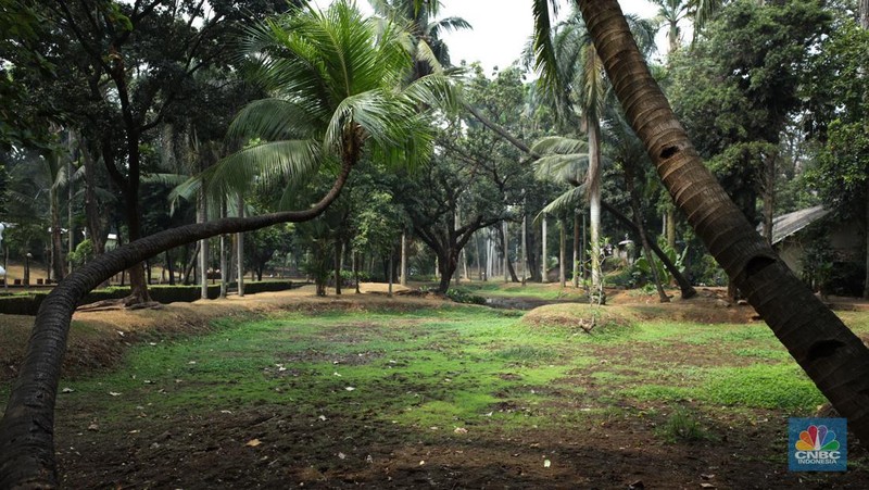 Seorang pekerja membersihkan kolam yang kering di kawasan Taman Meruya Ilir Jakarta, Senin (28/8/2023). Musim kemarau yang berkepanjangan mengakibatkan kolam-kolam di taman Jakarta mengalami kekeringan. (CNBC Indonesia/Tri Susilo)