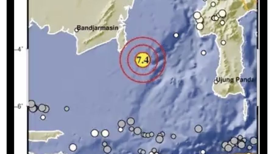 Gempa bumi magnitudo (M) 7,4 mengguncang Tanah Bumbu, Kalimantan Selatan (Kalsel). (Twitter @infoBMKG)