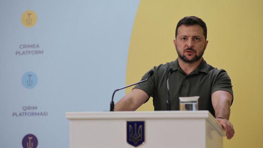 Ukrainian President Volodymyr Zelensky speaks at the press conference after the opening session of Crimea Platform conference in Kyiv, Ukraine, 23 August 2023. The Crimea Platform – is an international consultation and coordination format initiated by Ukraine. OLEG PETRASYUK/Pool via REUTERS