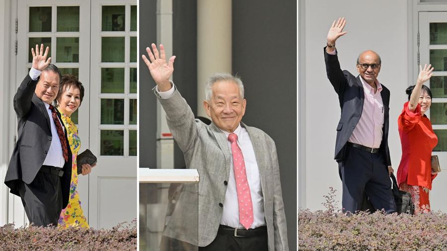 Foto kombinasi, kiri-kanan : Calon presiden Singapura, Tan Kin Lian, Ng Kok Song, dan Tharman Shanmugaratnam (REUTERS/Caroline Chia)