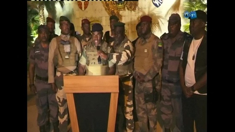 Gabonese military appear on television as they announce that they have seized power following President Ali Bongo Ondimba's re-election, in this screengrab obtained by Reuters on August 30, 2023. Gabon 1ere/Handout via REUTERS    THIS IMAGE HAS BEEN SUPPLIED BY A THIRD PARTY.     TPX IMAGES OF THE DAY