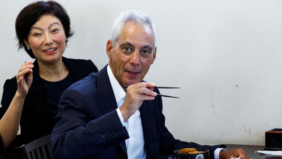 U.S. Ambassador to Japan Rahm Emanuel eats lunch with Soma Mayor Hidekiyo Tachiya at Restaurant Takohachi during his visit to show his support for the water discharge from the Fukushima Daiichi nuclear power plant, in Soma, Fukushima Prefecture, Japan, August 31, 2023. REUTERS/Kim Kyung-Hoon