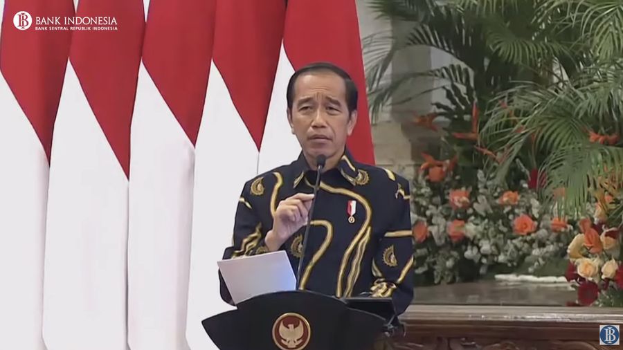 Presiden Joko Widodo Saat memberikan pidato dalam rapat koordinasi nasional pengendalian inflasi 2023.