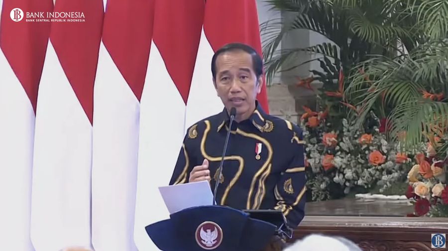 Presiden Joko Widodo saat memberikan pidato rapat koordinasi nasional pengendalian inflasi 2023. (Tangkapan Layar Youtube BI)