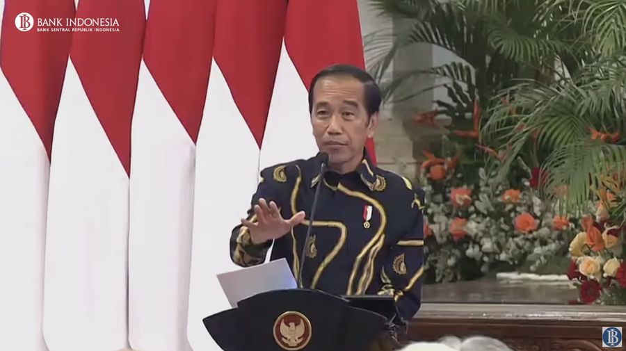 Presiden Joko Widodo saat memberikan pidato rapat koordinasi nasional pengendalian inflasi 2023. (Tangkapan Layar Youtube BI)