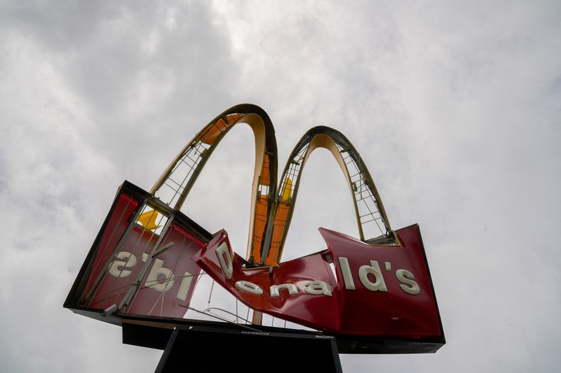 A view of a damaged McDonald's sign after the arrival of Hurricane Idalia in Perry, Florida, U.S., August 30, 2023. REUTERS/Cheney Orr