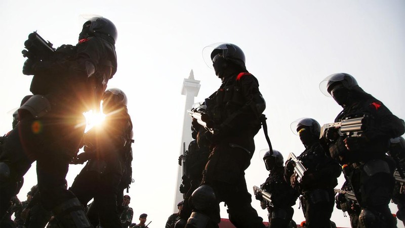 Kapolri Jenderal Listyo Sigit Prabowo bersama Panglima TNI Laksamana Yudo Margono memimpin Apel Gelar Pasukan Pengamanan KTT ASEAN ke-43 di Monas, Jakarta Pusat, Jumat (1/9/2023). (Dok. Detikcom/Azhar Bagas)