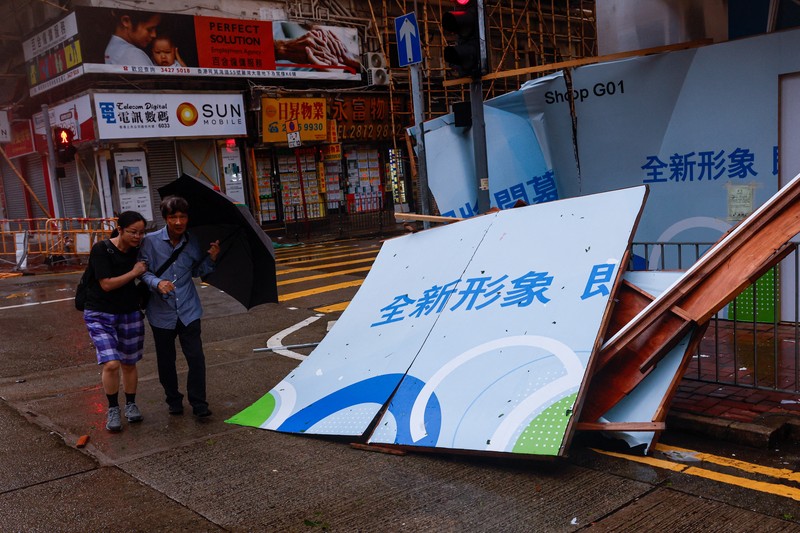ASIA-WEATHER/SAOLA-HONGKONG A man walks near fallen trees following Super Typhoon Saola, in Hong Kong, China September 2, 2023. REUTERS/Tyrone Siu
