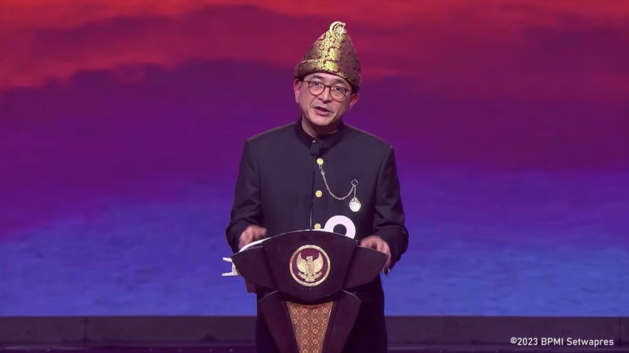 Ketua ASEAN BAC M. Arsjad Rasjid RM dalam Acara ASEAN Business Awards (ABA) 2023 & Gala Dinner yang dilaksanakan di The Ritz-Carlton Jakarta Pacific Place, 4 September 2023. (Tangkapan Layar Youtube Wakil Presiden Republik Indonesia)