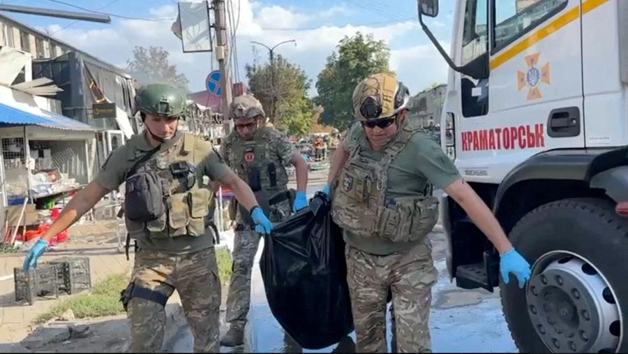 Emergency services work following an attack on the city of Kostiantynivka in eastern Ukraine, September 6, 2023, according to presidential adviser Mykhailo Podolyak, in this still image from video obtained from social media. (Volodymyr Zelenskiy Via Telegram/via REUTERS)