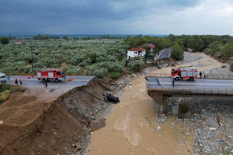 View of a collapsed road, as storm Daniel hits central Greece, in the village of Kala Nera, Greece, September 7, 2023. REUTERS/Stamos Prousalis