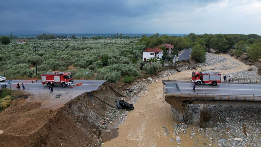 View of a collapsed road, as storm Daniel hits central Greece, in the village of Kala Nera, Greece, September 7, 2023. REUTERS/Stamos Prousalis