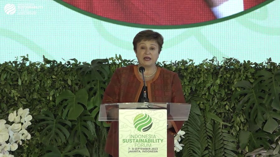 Managing Director IMF Kristalina Georgieva dalam Indonesia Sustainability Forum 2023. (Tangkapan Layar youtube  Kemenko Bidang Kemaritiman dan Investasi RI)