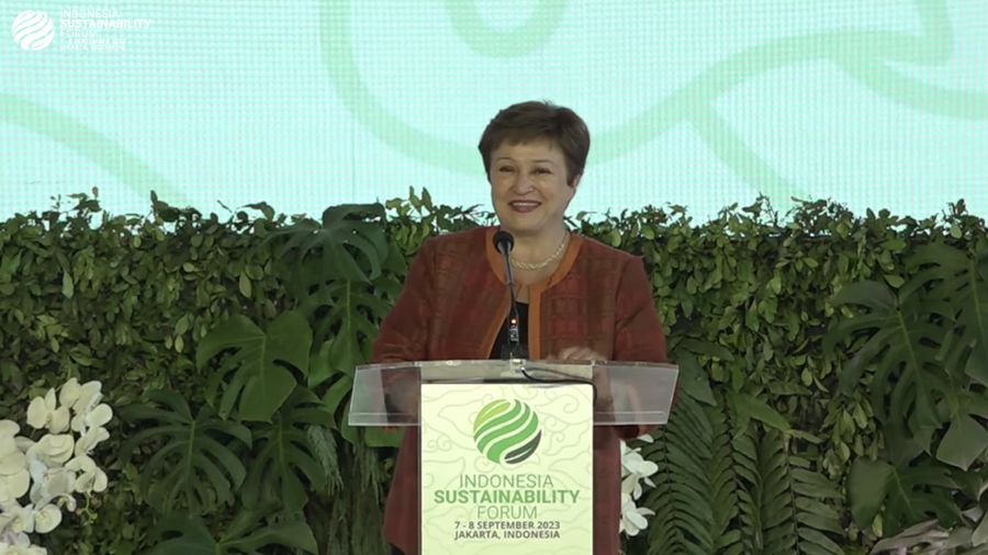 Managing Director IMF Kristalina Georgieva dalam Indonesia Sustainability Forum 2023. (Tangkapan Layar youtube  Kemenko Bidang Kemaritiman dan Investasi RI)
