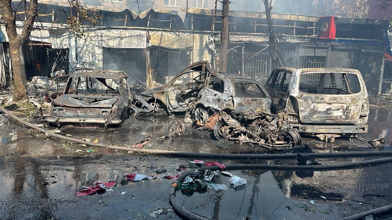 Emergency services work following an attack on the city of Kostiantynivka in eastern Ukraine, September 6, 2023, according to presidential adviser Mykhailo Podolyak, in this still image from video obtained from social media. (Volodymyr Zelenskiy Via Telegram/via REUTERS)