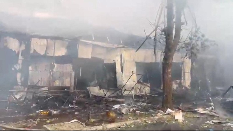 Emergency services work following an attack on the city of Kostiantynivka in eastern Ukraine, September 6, 2023, according to presidential adviser Mykhailo Podolyak, in this still image from video obtained from social media. (Volodymyr Zelenskiy Via Telegram/via REUTERS)