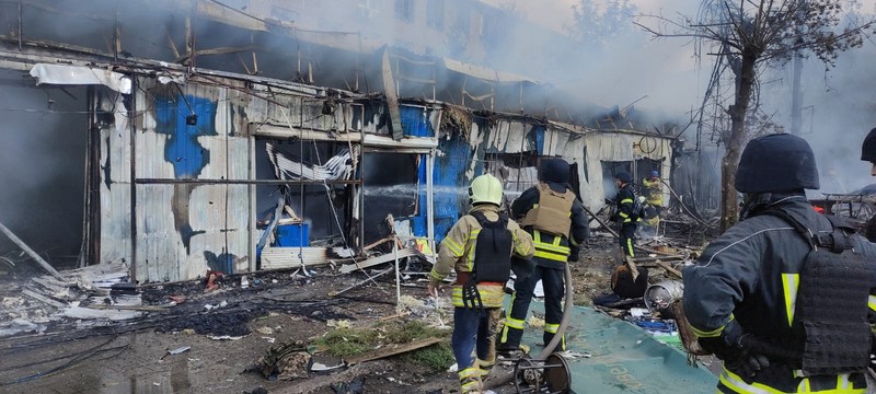 Emergency services work following an attack on the city of Kostiantynivka in eastern Ukraine, September 6, 2023, according to presidential adviser Mykhailo Podolyak, in this still image from video obtained from social media. Emergency services work following an attack on the city of Kostiantynivka in eastern Ukraine, September 6, 2023, according to presidential adviser Mykhailo Podolyak, in this still image from video obtained from social media. (Volodymyr Zelenskiy Via Telegram/via REUTERS)