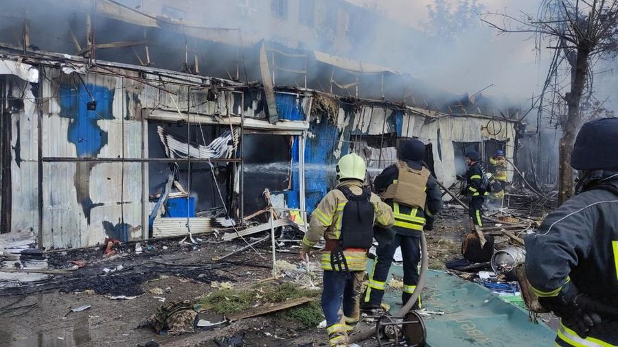 Emergency services work following an attack on the city of Kostiantynivka in eastern Ukraine, September 6, 2023, according to presidential adviser Mykhailo Podolyak, in this still image from video obtained from social media. (Volodymyr Zelenskiy Via Telegram/via REUTERS)