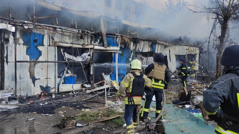 Emergency services work following an attack on the city of Kostiantynivka in eastern Ukraine, September 6, 2023, according to presidential adviser Mykhailo Podolyak, in this still image from video obtained from social media. (Volodymyr Zelenskiy Via Telegram/via REUTERS)