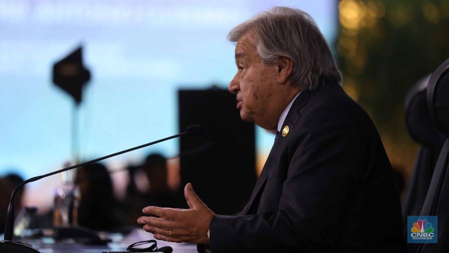 Sekretaris Jenderal (Sekjen) Perserikatan Bangsa-Bangsa (PBB) Antonio Guterres di KTT ASEAN, Kamis, (7/9/2023). (CNBC Indonesia/Tri Susilo)