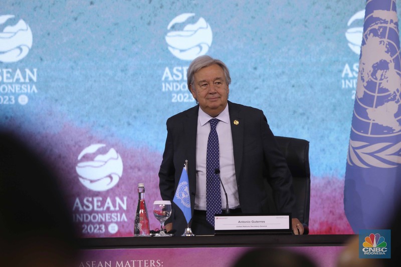 Sekretaris Jenderal (Sekjen) Perserikatan Bangsa-Bangsa (PBB) Antonio Guterres di KTT ASEAN, Kamis, (7/9/2023). (CNBC Indonesia/Tri Susilo)