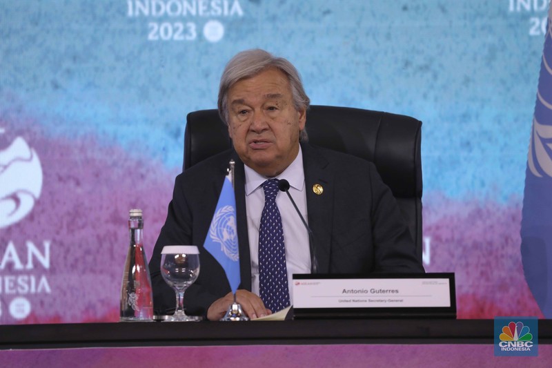 Sekretaris Jenderal (Sekjen) Perserikatan Bangsa-Bangsa (PBB) Antonio Guterres di KTT ASEAN, Kamis, (7/9/2023). (CNBC Indonesia/Tri Susilo)